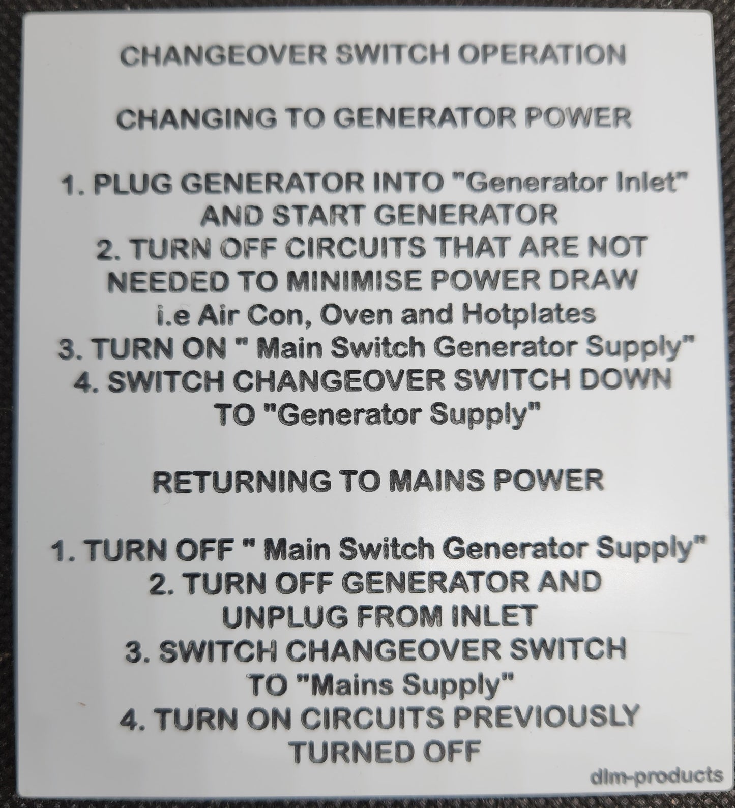 GI 1 Generator changeover instructions